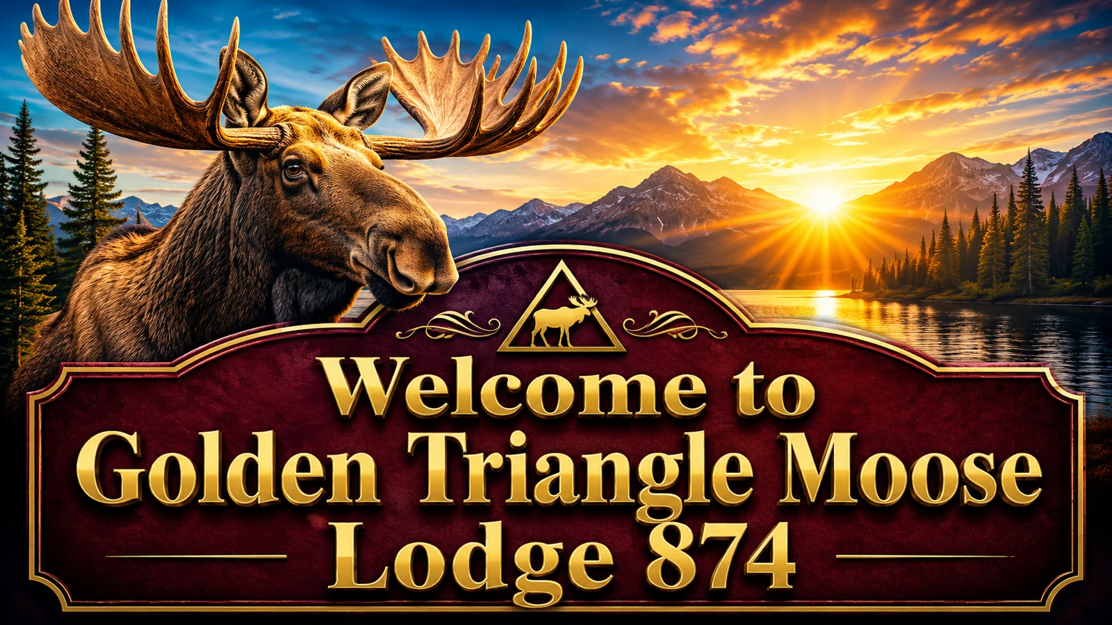 Welcome to Golden Triangle Moose Lodge 874 with a Moose and golden sunrise